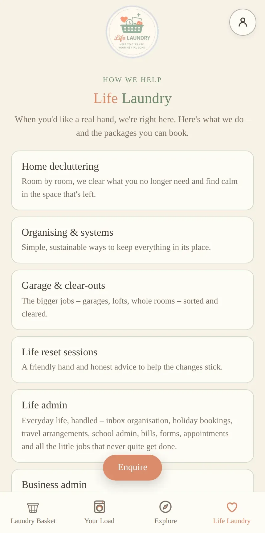 The Life Laundry screen, showing the services and how to ask for help