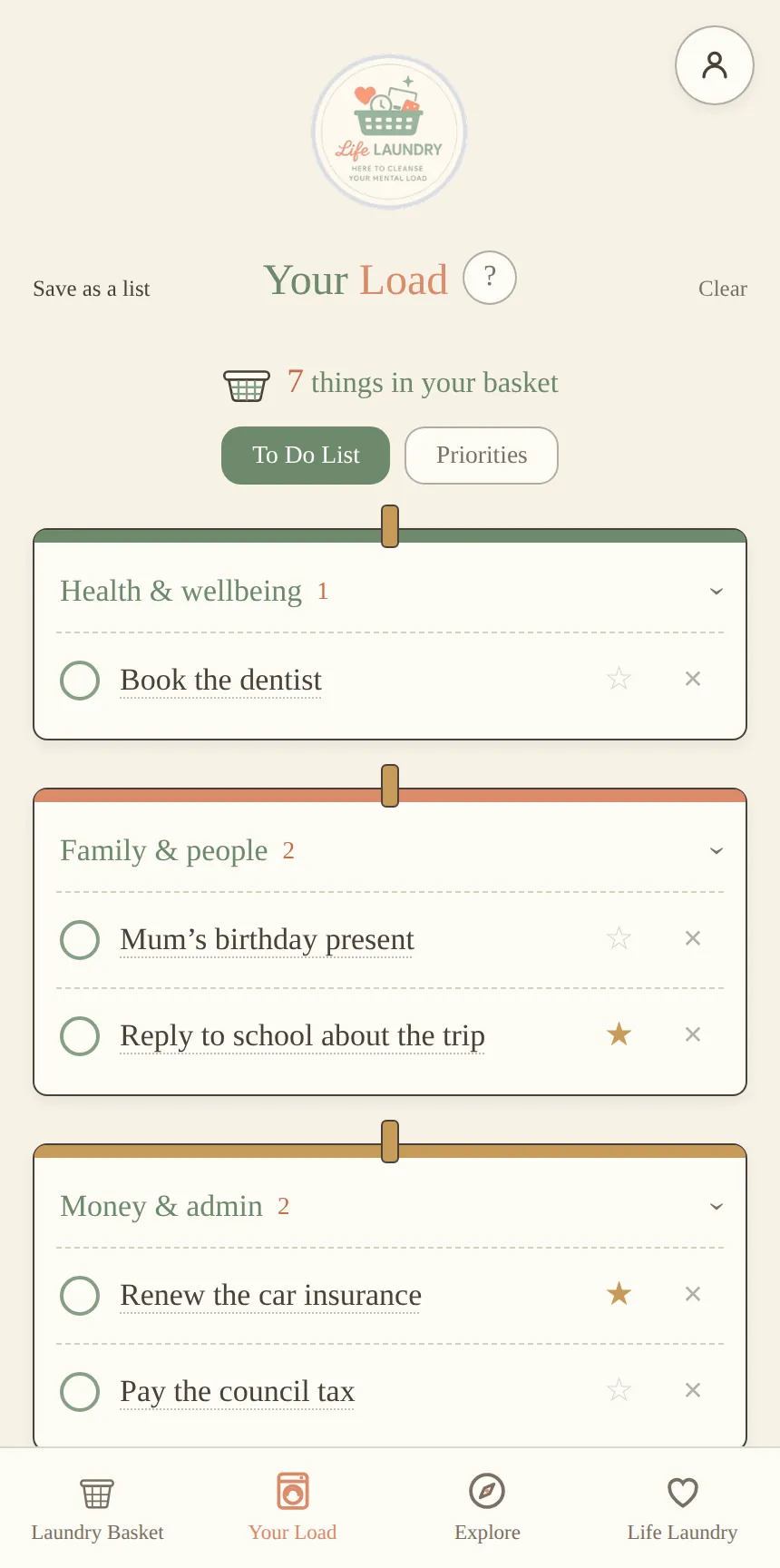 Your Load, with each thing sorted into a category such as Health and wellbeing or Money and admin